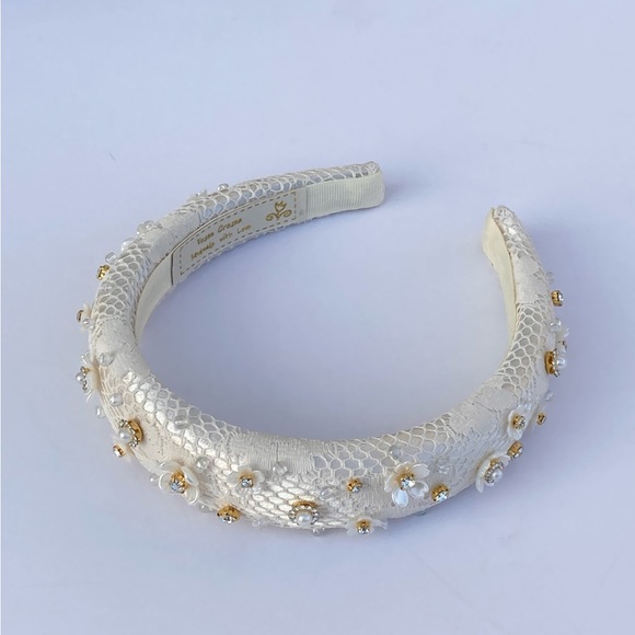 1” Padded Headband Offwhite Vintage Lace Overlay Flower/beads Adorned Handmade - Picture 10 of 11